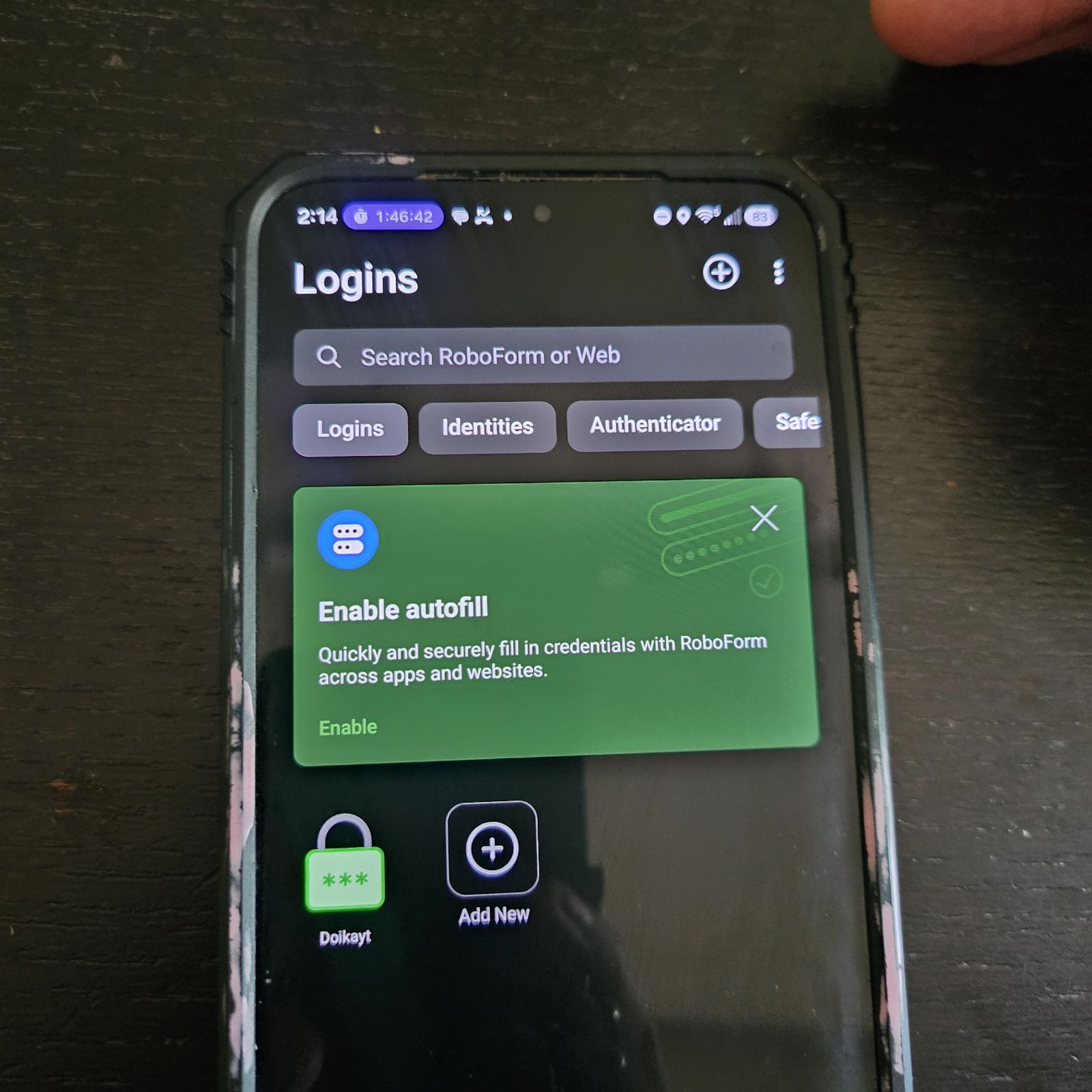 RoboForm's Logins tab on Android, showing a login synced from desktop