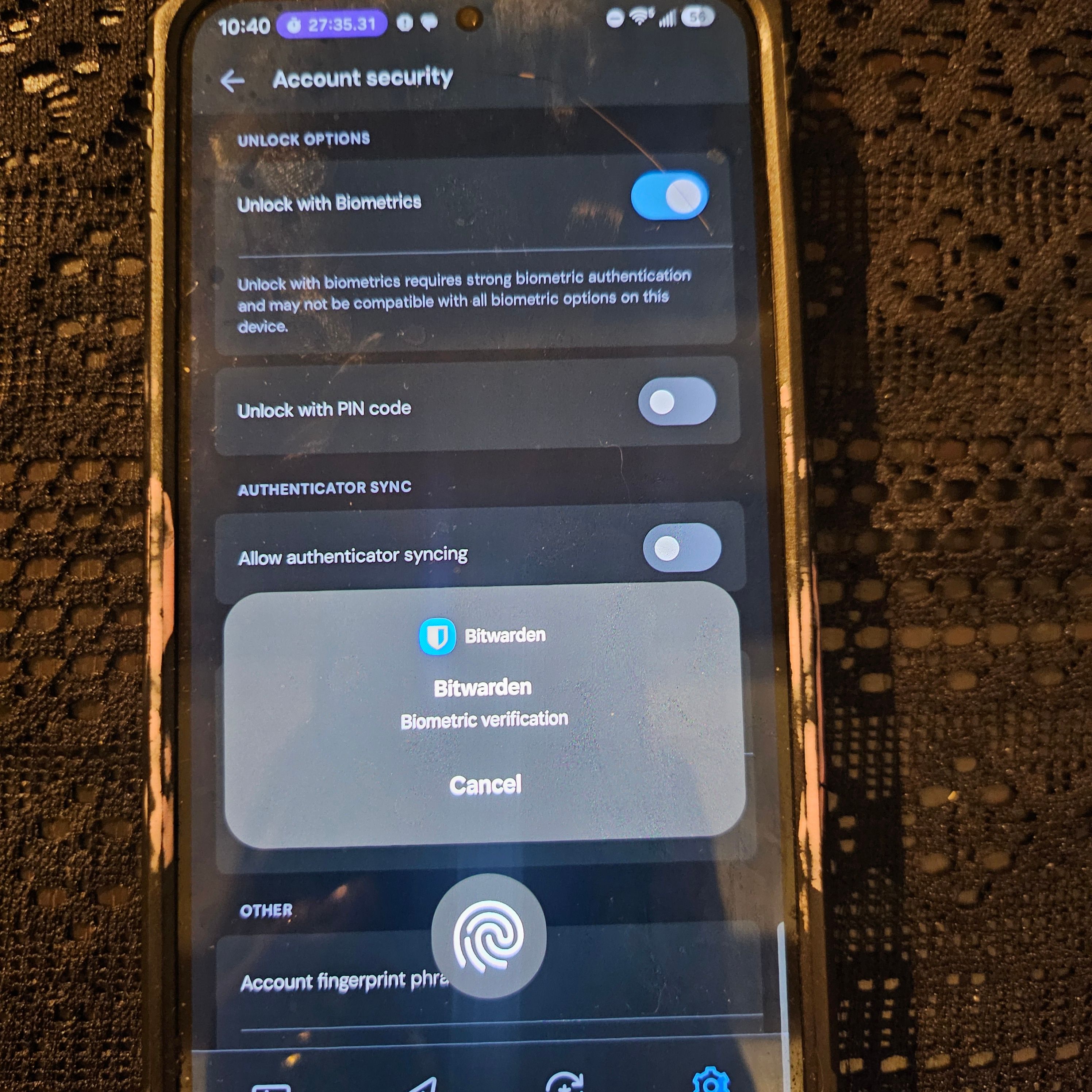 Account security screen, with Unlock with Biometrics enabled