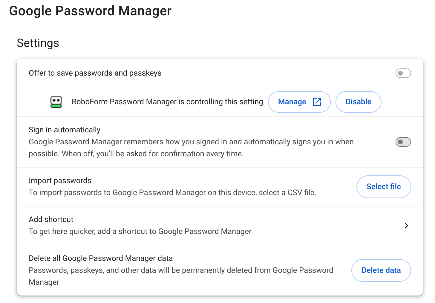 Chrome's Google Password Manager settings, with "Offer to save passwords and passkeys" and "Sign in automatically" toggled off