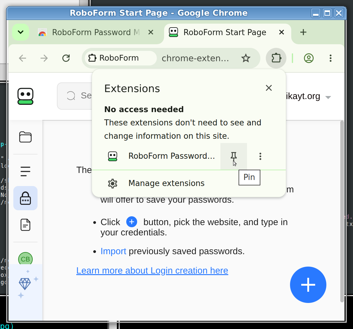 Pinning the RoboForm extension from Chrome's extensions menu