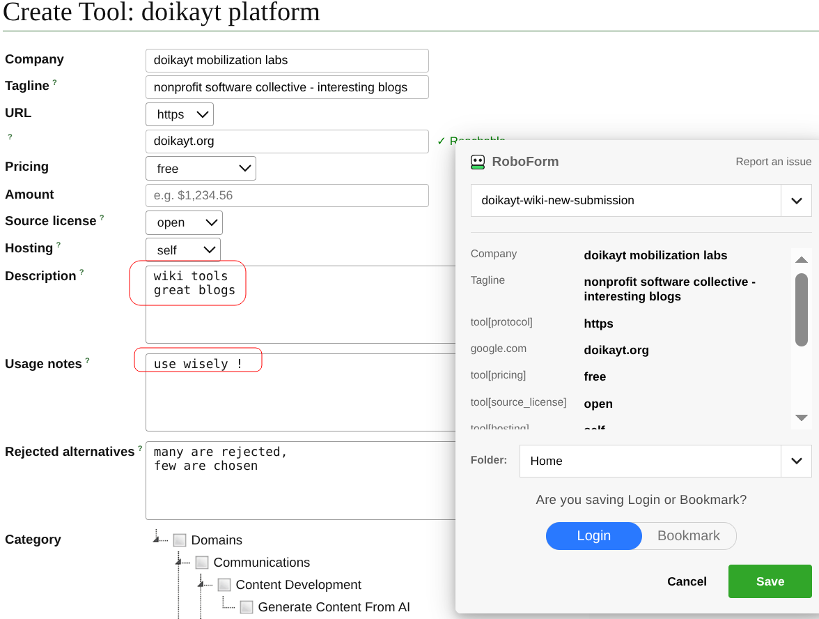 RoboForm's save dialog, naming the entry and choosing Login