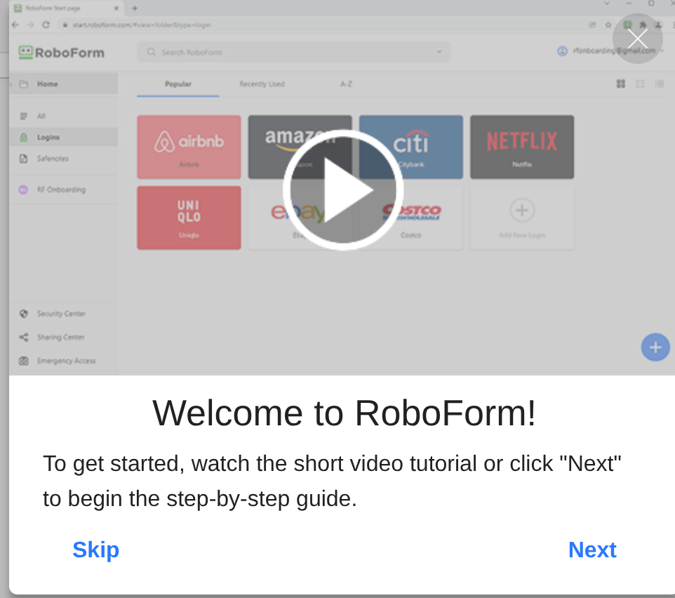 RoboForm's onboarding tutorial prompt, with Skip and Next