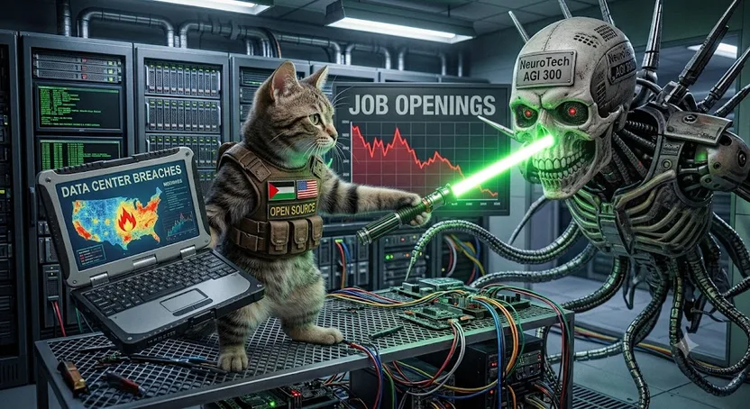 A cat in an 'Open Source' tactical vest, with Palestinian and American flag patches, wields a lightsaber against a skull-faced robot labeled 'NeuroTech AGI 300' in a server room, beside monitors reading 'Job Openings,' 'Data Center Breaches,' and a US map on fire.