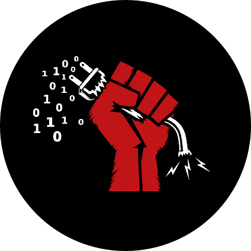 A red fist on a plain black circle, gripping a broken plug that sparks and spills binary digits -- the Doikayt Mobilization Labs emblem, cropped down to just the fist and background.